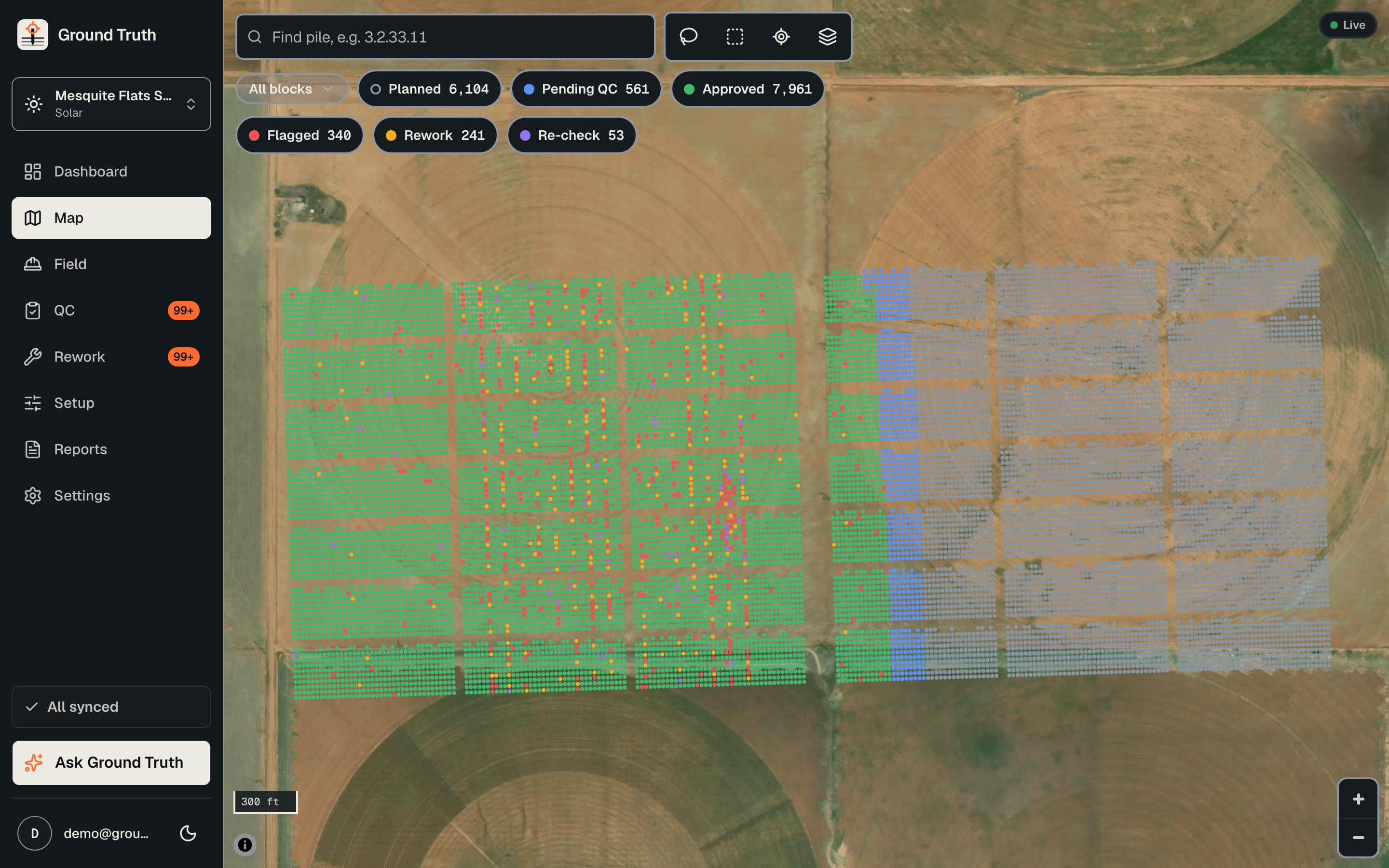 A map of a pile site with each pile coloured by QC status and a status filter panel.