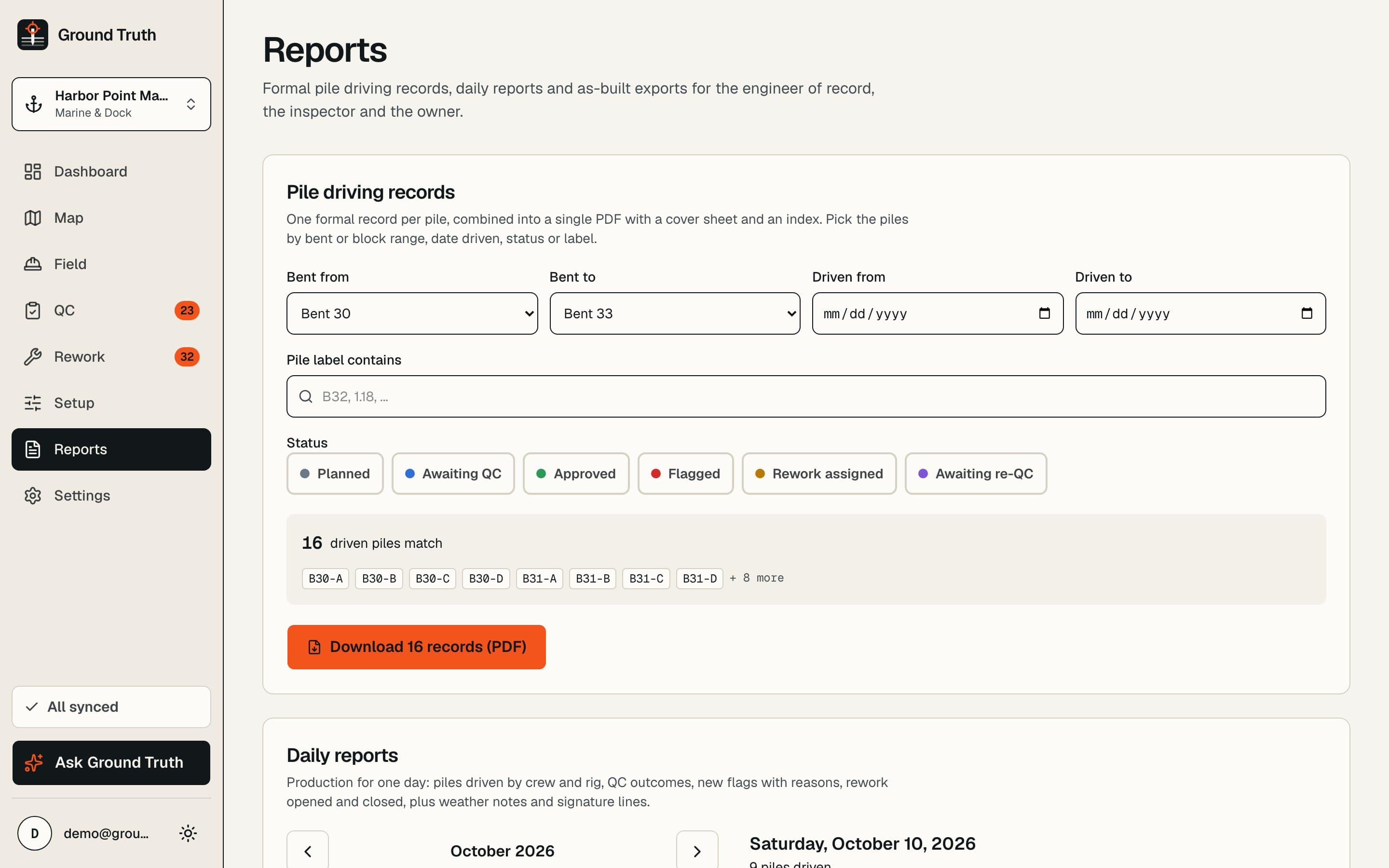 The reports page with options for a daily report, a driving record and an as-built export.