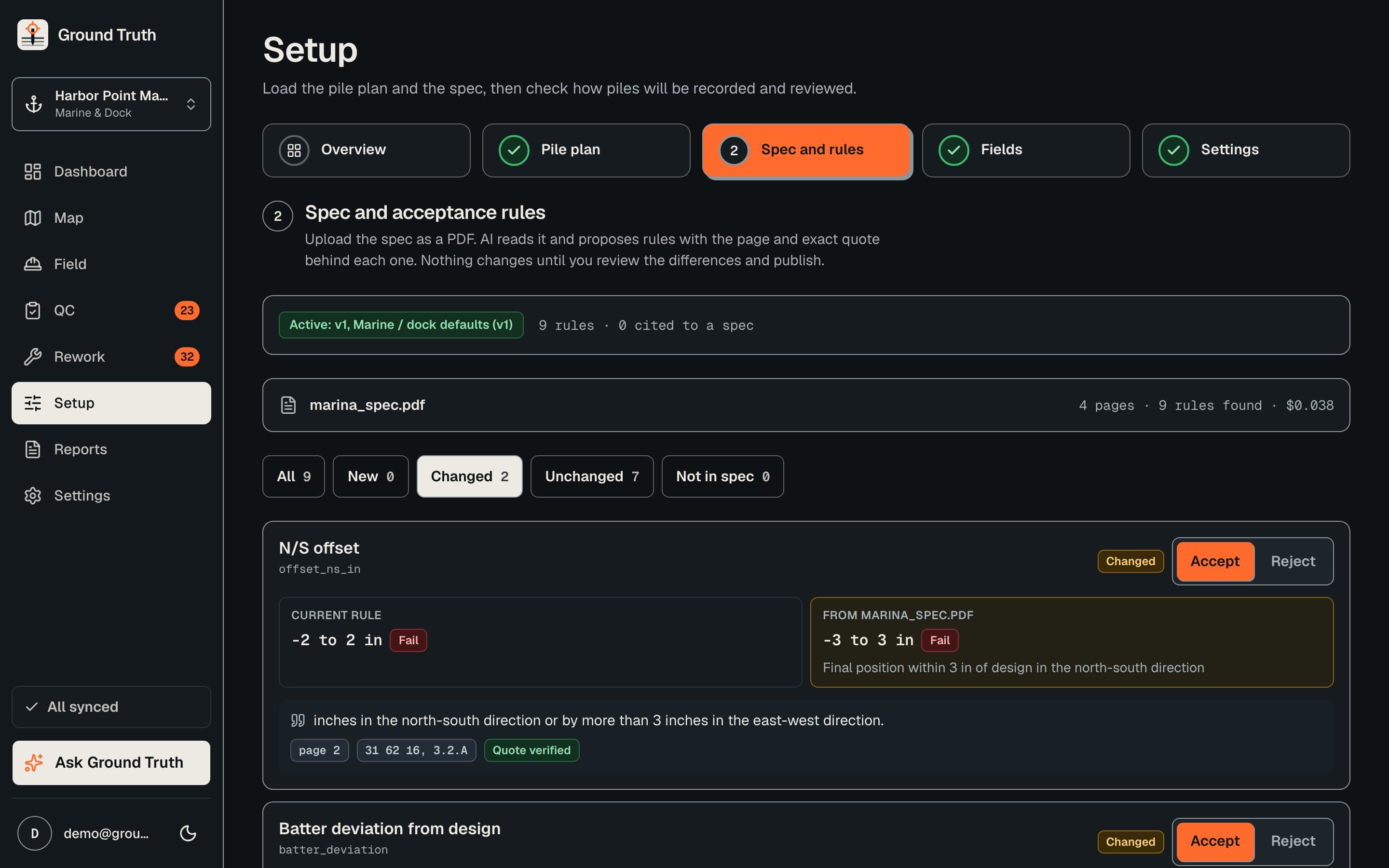 The setup screen listing acceptance rules extracted from a spec, each with its page number and quoted text.