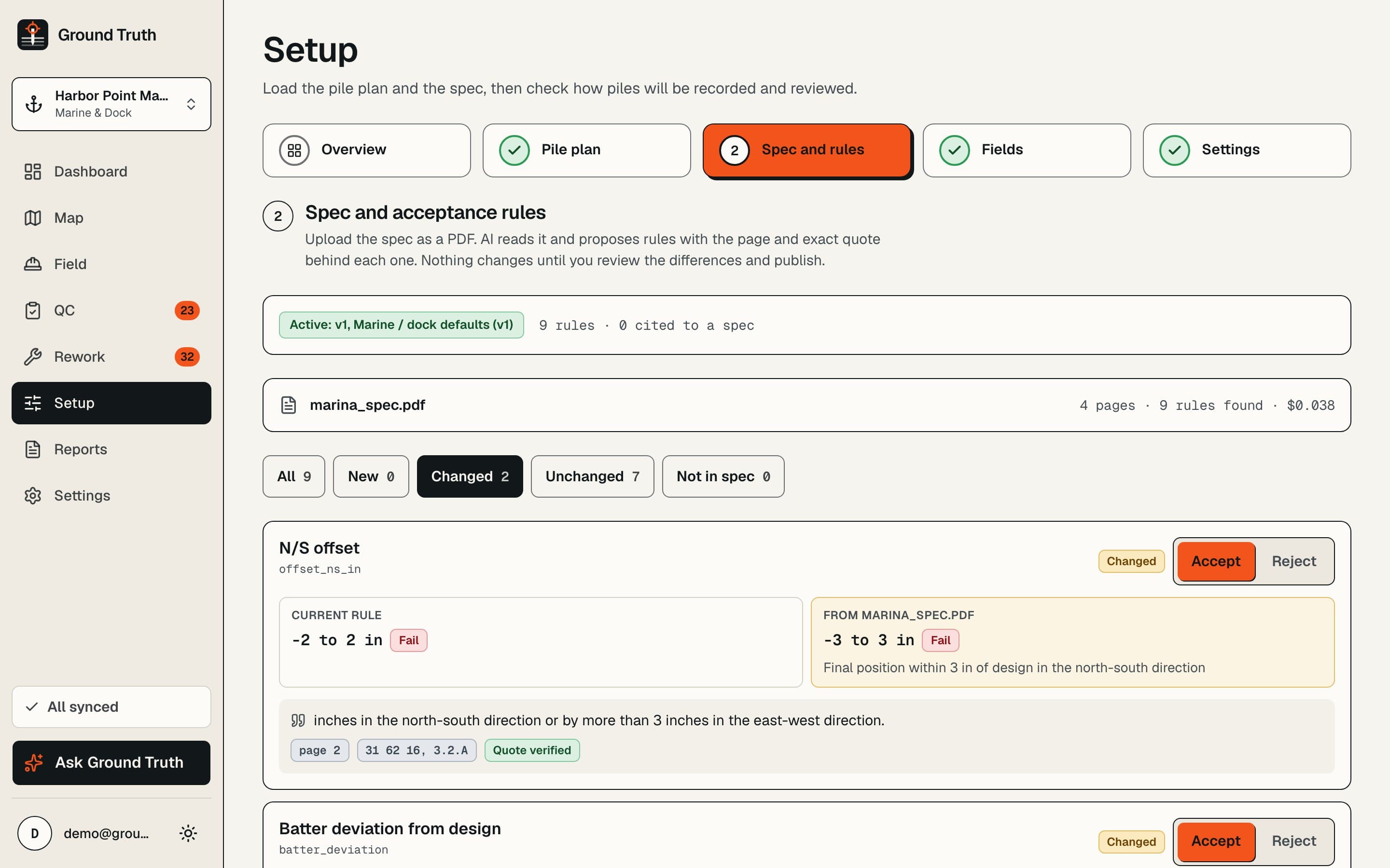 The setup screen listing acceptance rules extracted from a spec, each with its page number and quoted text.
